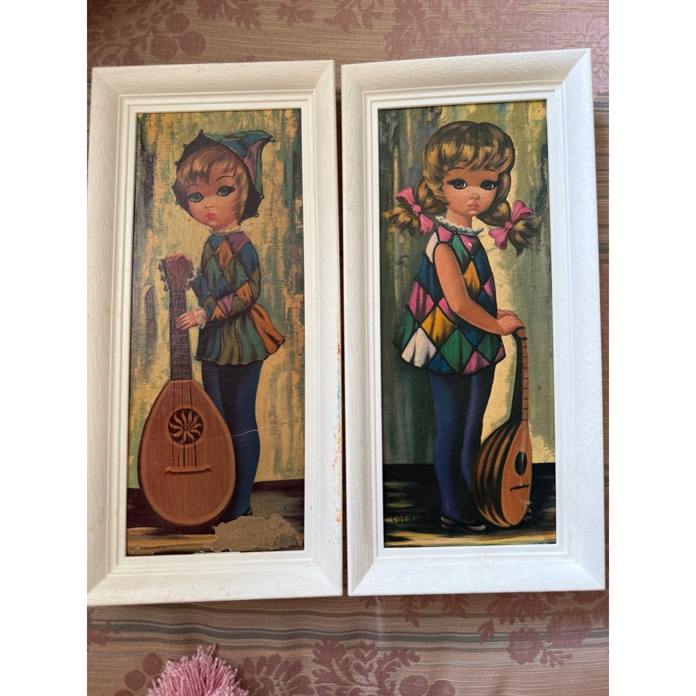 Vintage Big Eye Art Kids Harlequin Prints Set Distressed Mid Century